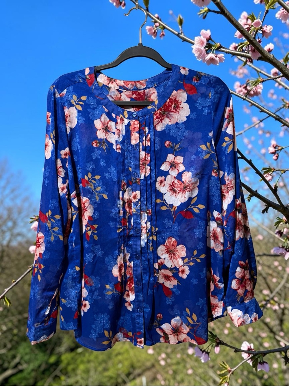 Royal Blue Blouse with Burgundy & Pink Floral Print & Pintuck Detail